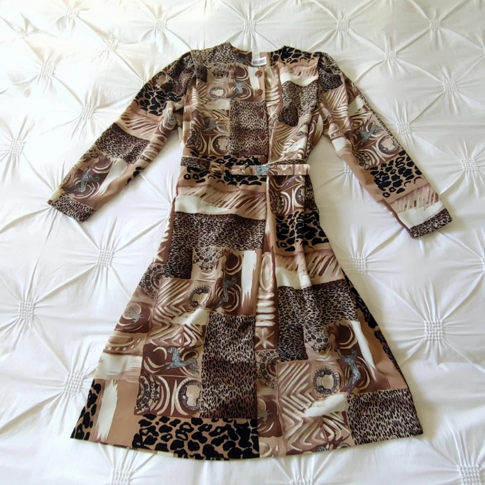 D'allaird's vintage 80s brown animal print belted midi dress. Size 16 - Picture 3 of 17